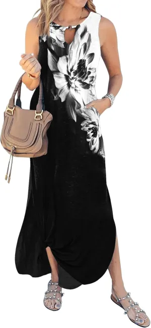 Womens Dresses Sleeveless Casual Loose Long Maxi Summer Beach Cover Ups Sun Boho Dress Split with Pockets
