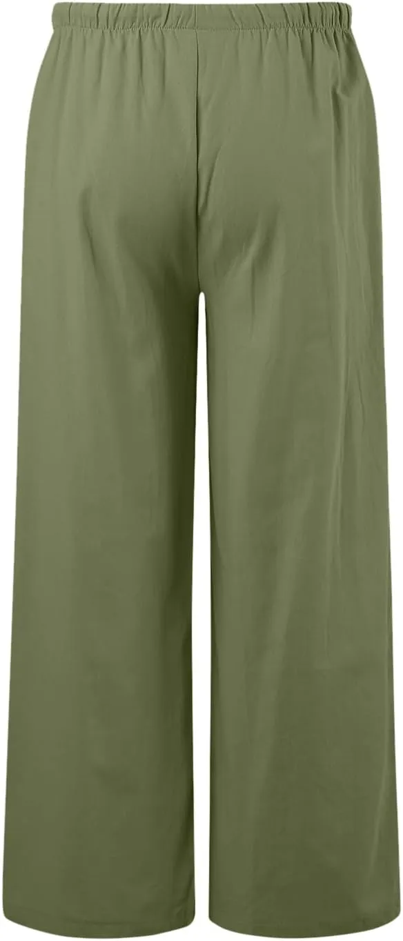 Women's Elastic Beach Linen Blend Linen Capris High Waisted Summer Elastic Waist Loose Fitting with Pockets Casual