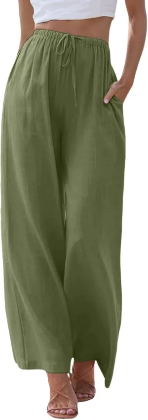 Women's Elastic Beach Linen Blend Linen Capris High Waisted Summer Elastic Waist Loose Fitting with Pockets Casual