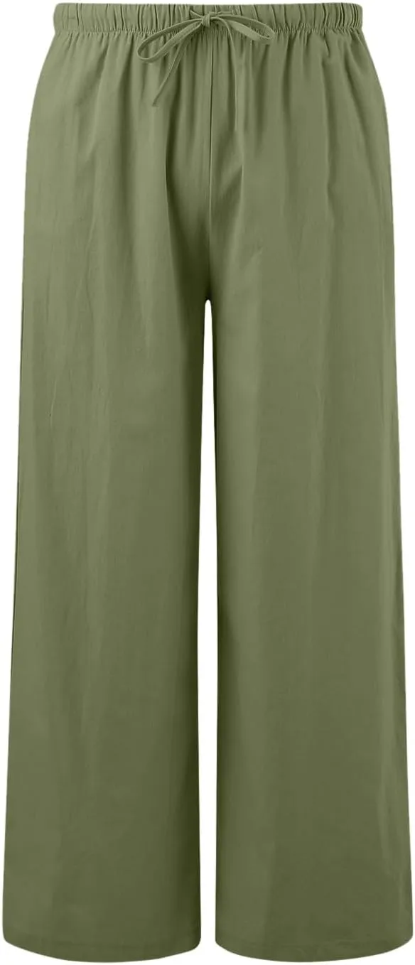 Women's Elastic Beach Linen Blend Linen Capris High Waisted Summer Elastic Waist Loose Fitting with Pockets Casual