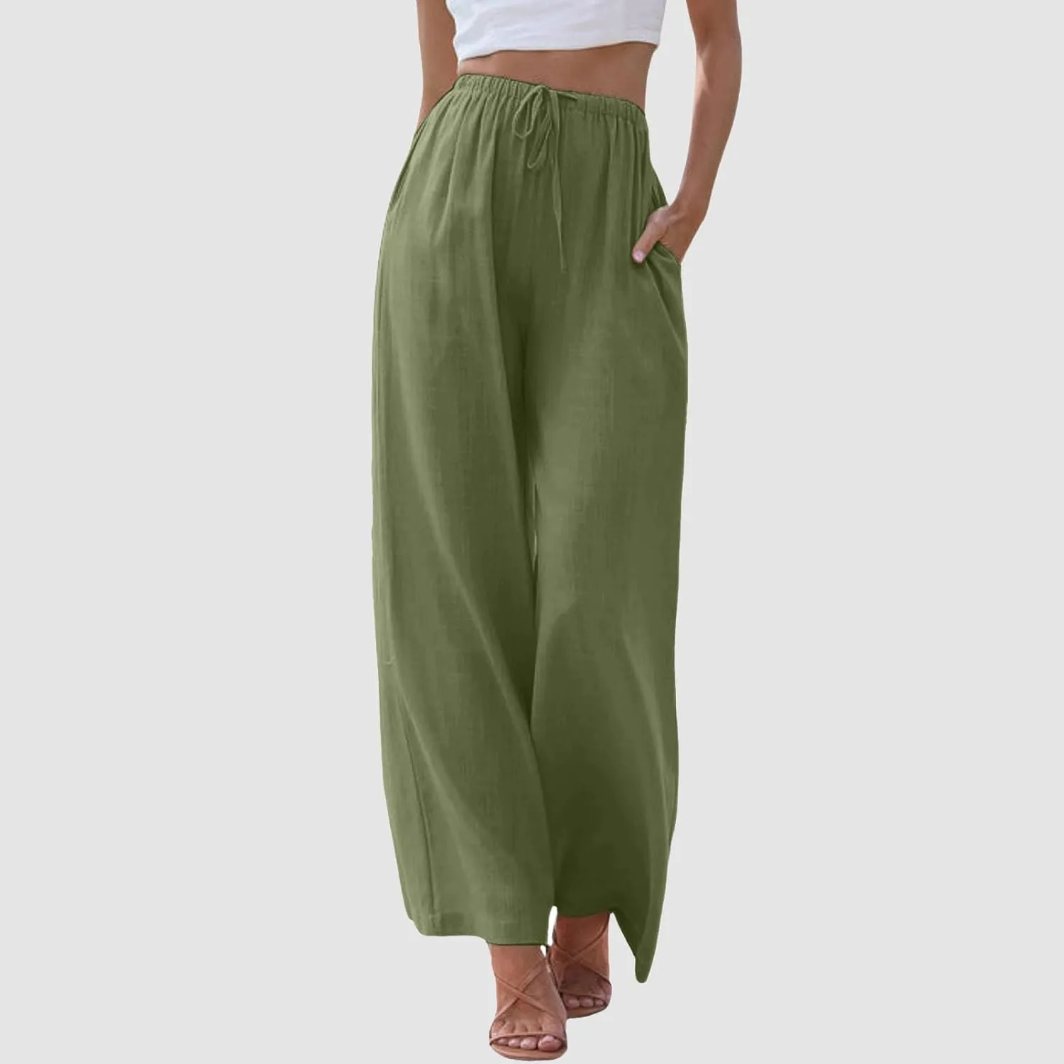 Women's Elastic Beach Linen Blend Linen Capris High Waisted Summer Elastic Waist Loose Fitting with Pockets Casual