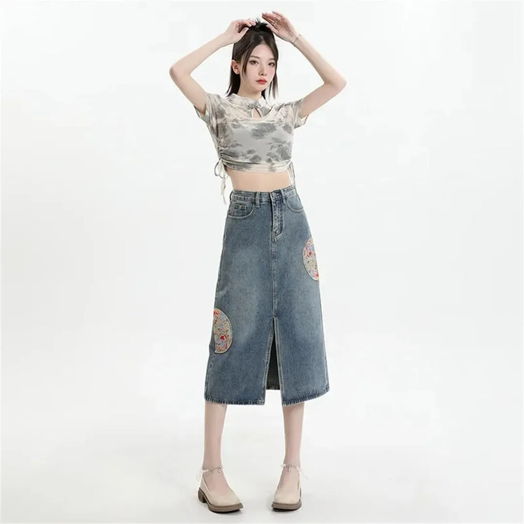 Women's Embroidered Denim Skirt High-Waisted Vintage A- Line Long Dress Chinese Style Skirt