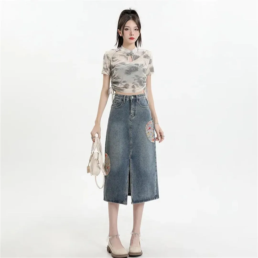 Women's Embroidered Denim Skirt High-Waisted Vintage A- Line Long Dress Chinese Style Skirt