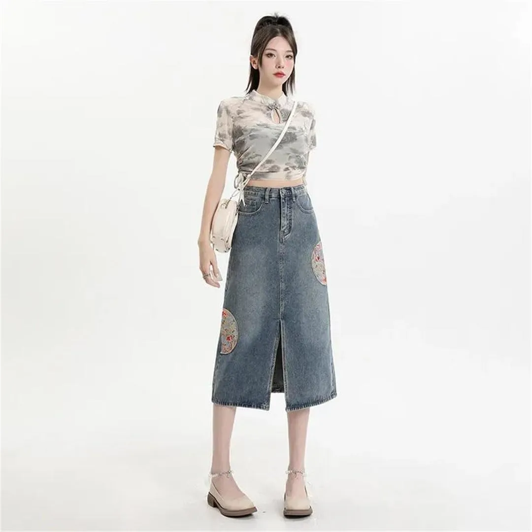 Women's Embroidered Denim Skirt High-Waisted Vintage A- Line Long Dress Chinese Style Skirt