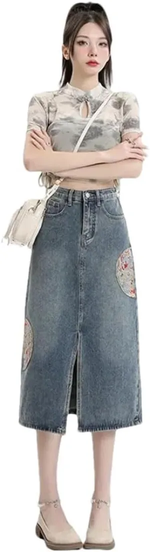 Women's Embroidered Denim Skirt High-Waisted Vintage A- Line Long Dress Chinese Style Skirt