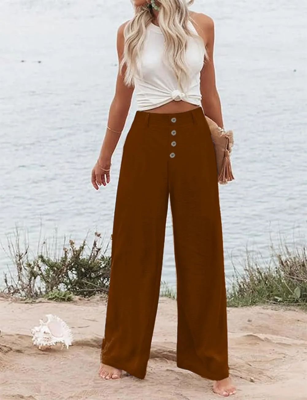 Womens High Waisted Wide Leg Palazzo Pants Casual Lounge Boho Flowy Pants with Pockets