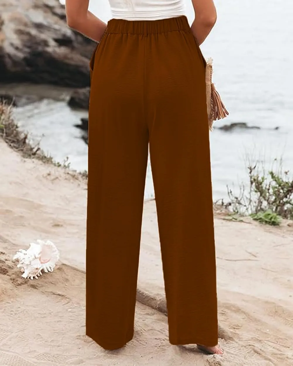 Womens High Waisted Wide Leg Palazzo Pants Casual Lounge Boho Flowy Pants with Pockets