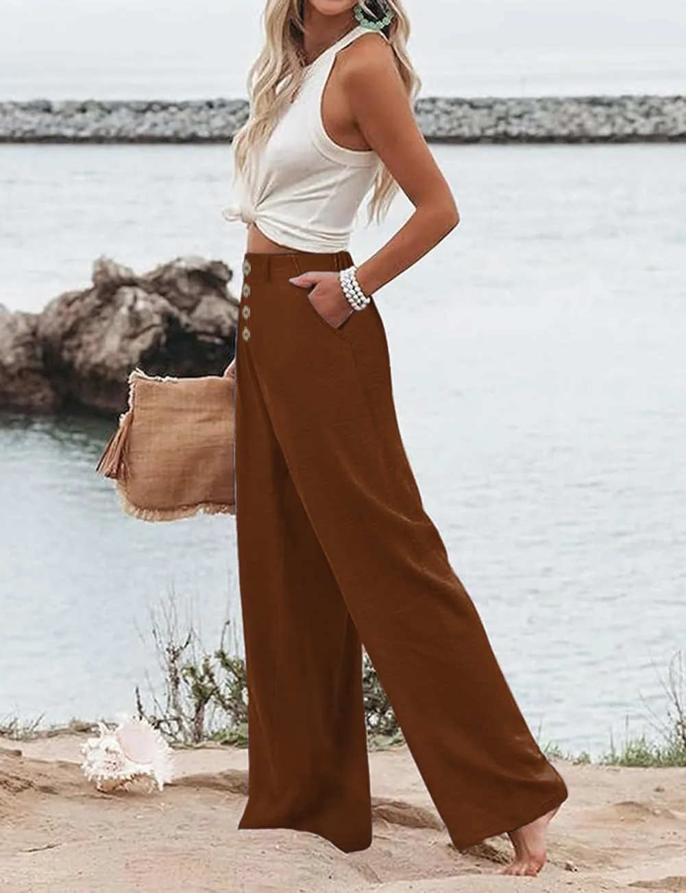 Womens High Waisted Wide Leg Palazzo Pants Casual Lounge Boho Flowy Pants with Pockets