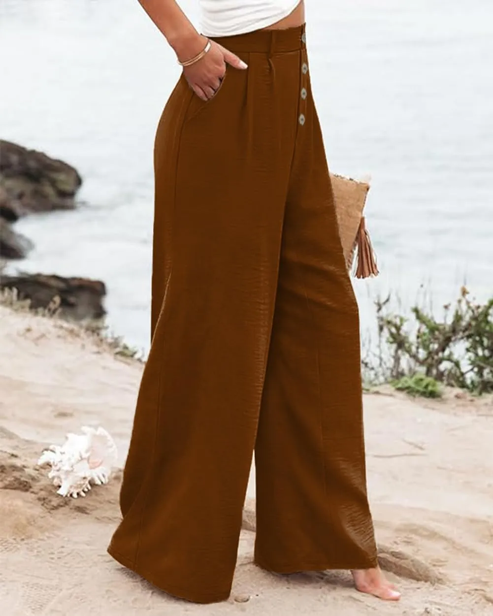 Womens High Waisted Wide Leg Palazzo Pants Casual Lounge Boho Flowy Pants with Pockets