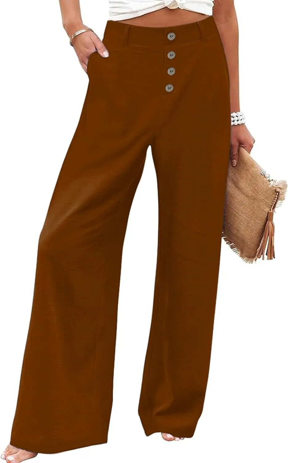 Womens High Waisted Wide Leg Palazzo Pants Casual Lounge Boho Flowy Pants with Pockets