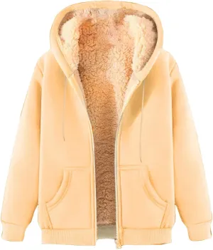 Womens Hoodies Sherpa Lined Fleece Thermal Jacket Full Zip Drawstring Hooded Outwear Winter Warm Casual Thick Coats