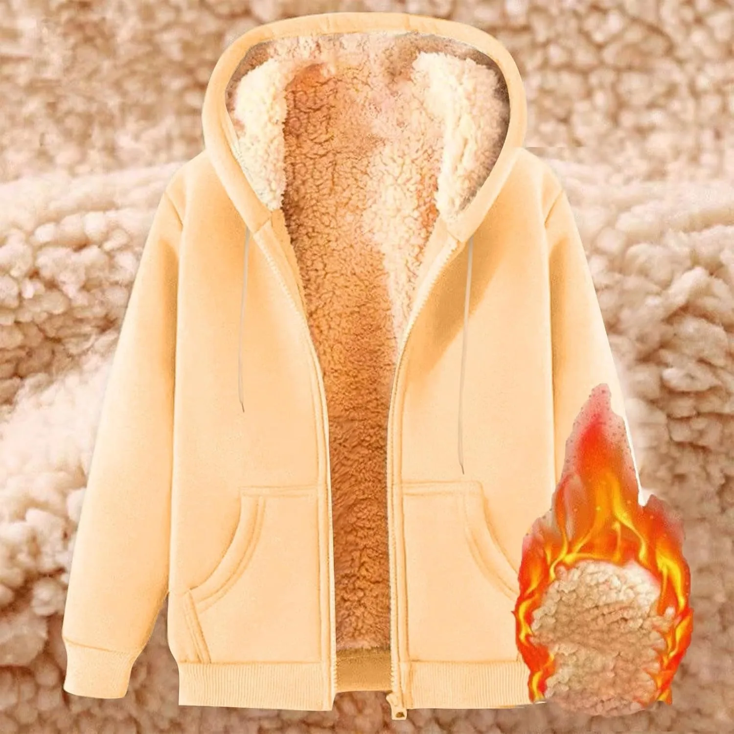 Womens Hoodies Sherpa Lined Fleece Thermal Jacket Full Zip Drawstring Hooded Outwear Winter Warm Casual Thick Coats