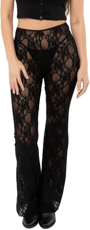 Women's Lace Bell Pant Sheer Mesh Stretchy Slim Trouser Hollow Out Skinny Bottom Leggings Party Club Cover Up Pants