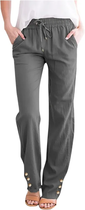 Womens Linen Blend Summer Baggy Pants Elastic Waist Stretchy Straight Plus Size Pant Trousers Beach