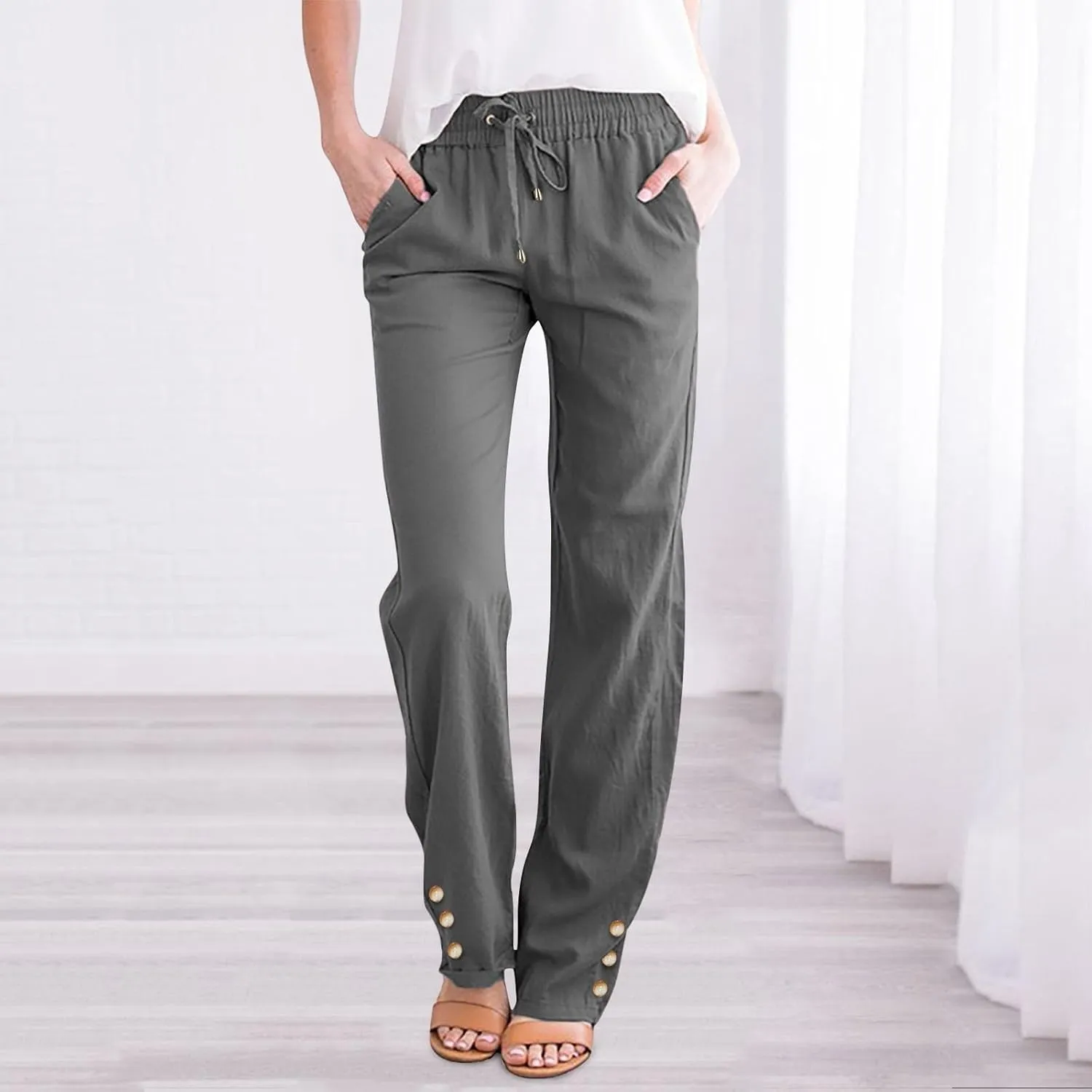 Womens Linen Blend Summer Baggy Pants Elastic Waist Stretchy Straight Plus Size Pant Trousers Beach