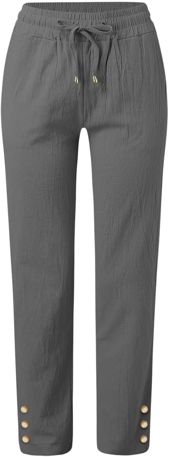 Womens Linen Blend Summer Baggy Pants Elastic Waist Stretchy Straight Plus Size Pant Trousers Beach