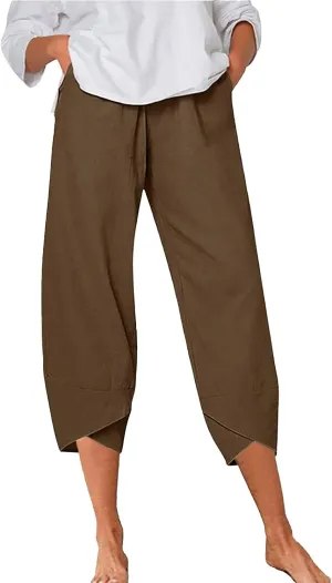 Women's Linen Blend Summer Boho Pants Elastic Waist Wide Leg Slim-Fit Trouser Business Work