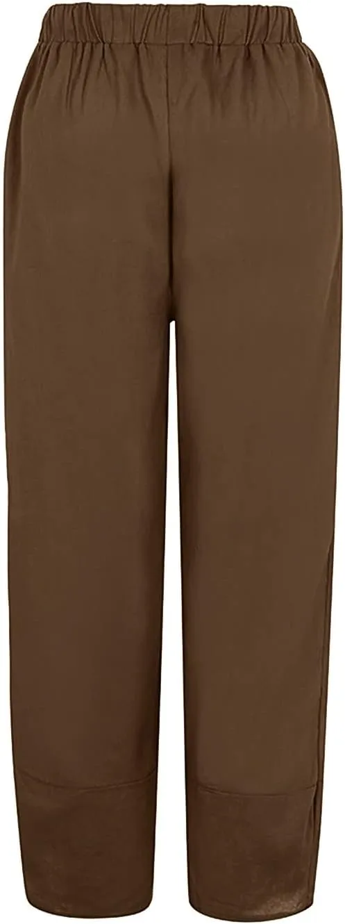 Women's Linen Blend Summer Boho Pants Elastic Waist Wide Leg Slim-Fit Trouser Business Work