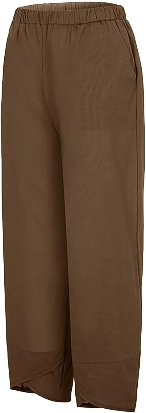 Women's Linen Blend Summer Boho Pants Elastic Waist Wide Leg Slim-Fit Trouser Business Work