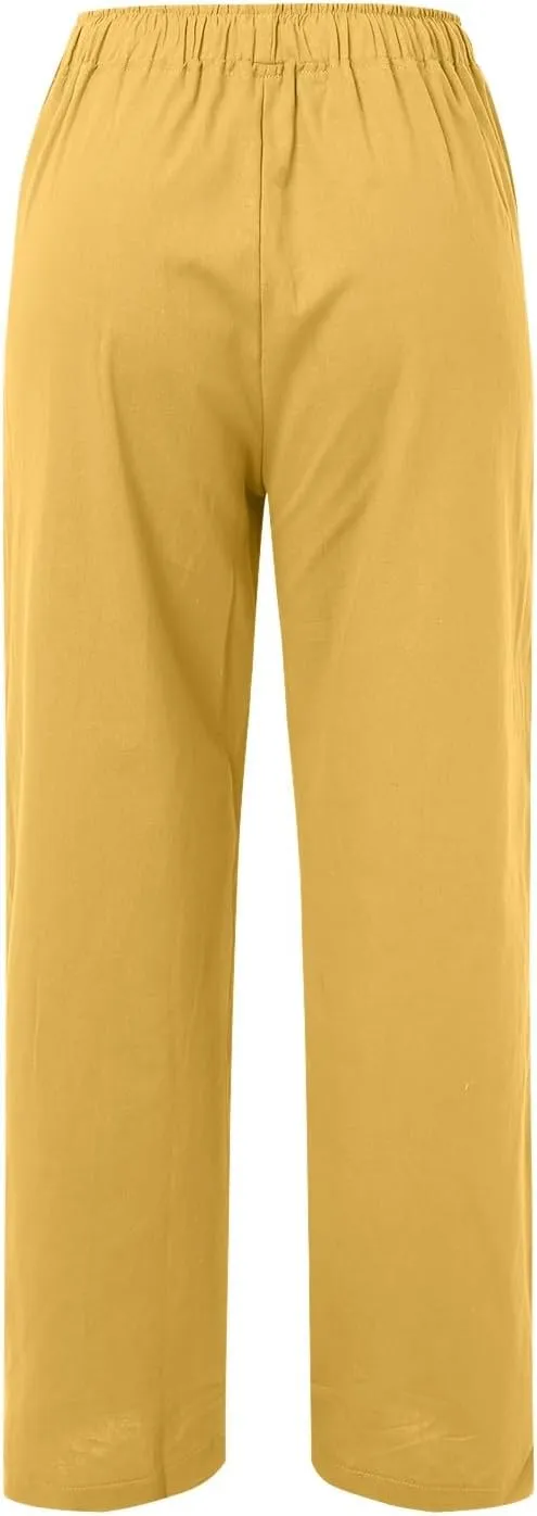 Women's Linen Blend Summer Casual Flowy Palazzo Lounge Pants Elastic Waisted Stretchy Straight Loose Fit