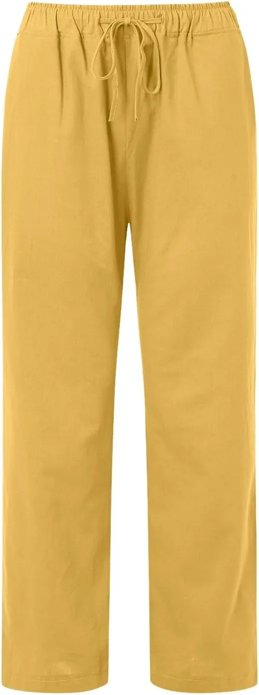 Women's Linen Blend Summer Casual Flowy Palazzo Lounge Pants Elastic Waisted Stretchy Straight Loose Fit