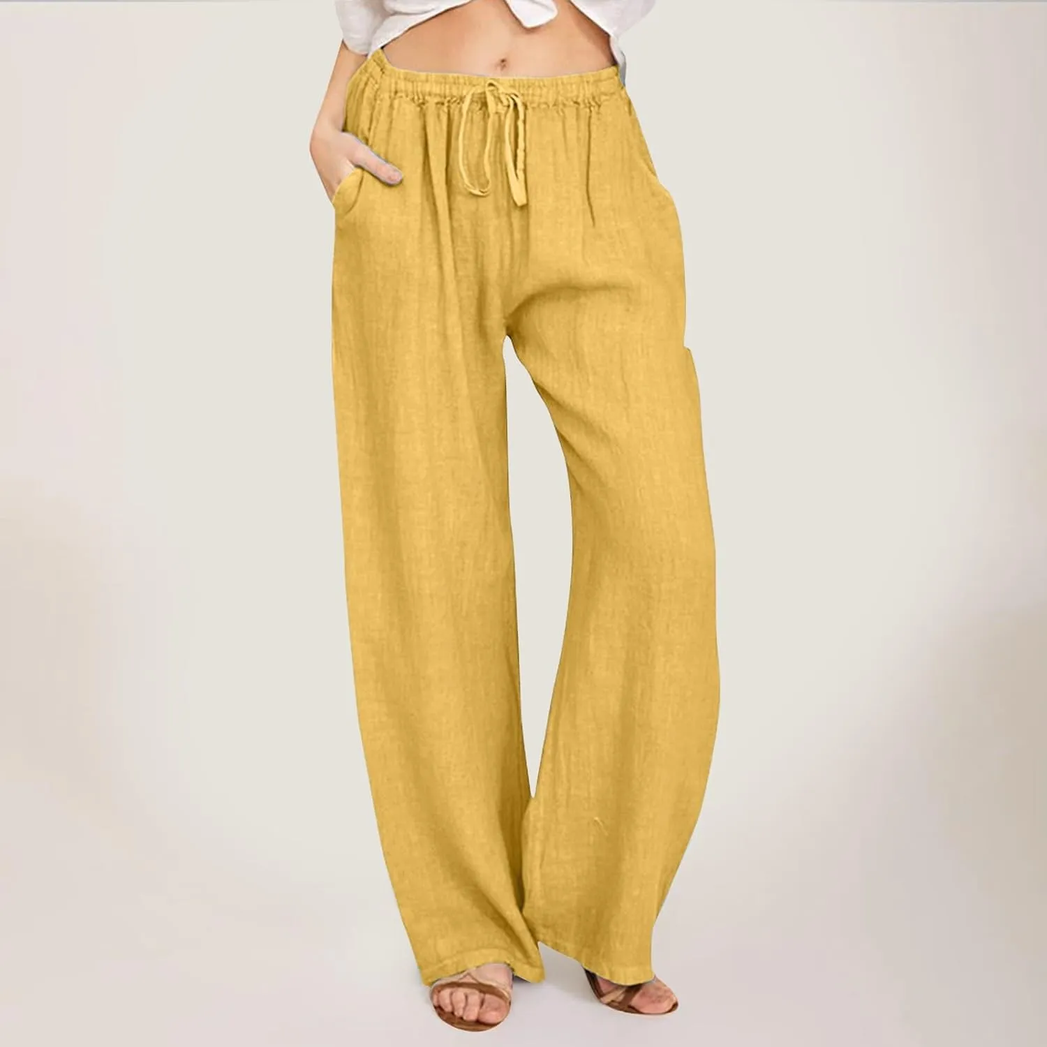 Women's Linen Blend Summer Casual Flowy Palazzo Lounge Pants Elastic Waisted Stretchy Straight Loose Fit