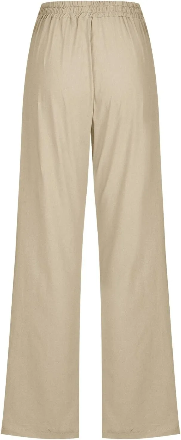 Women's Linen Blend Summer Comfy Palazzo Pants Low Waist Long Lounge Plus Size Palazzo Lounge Pants Office