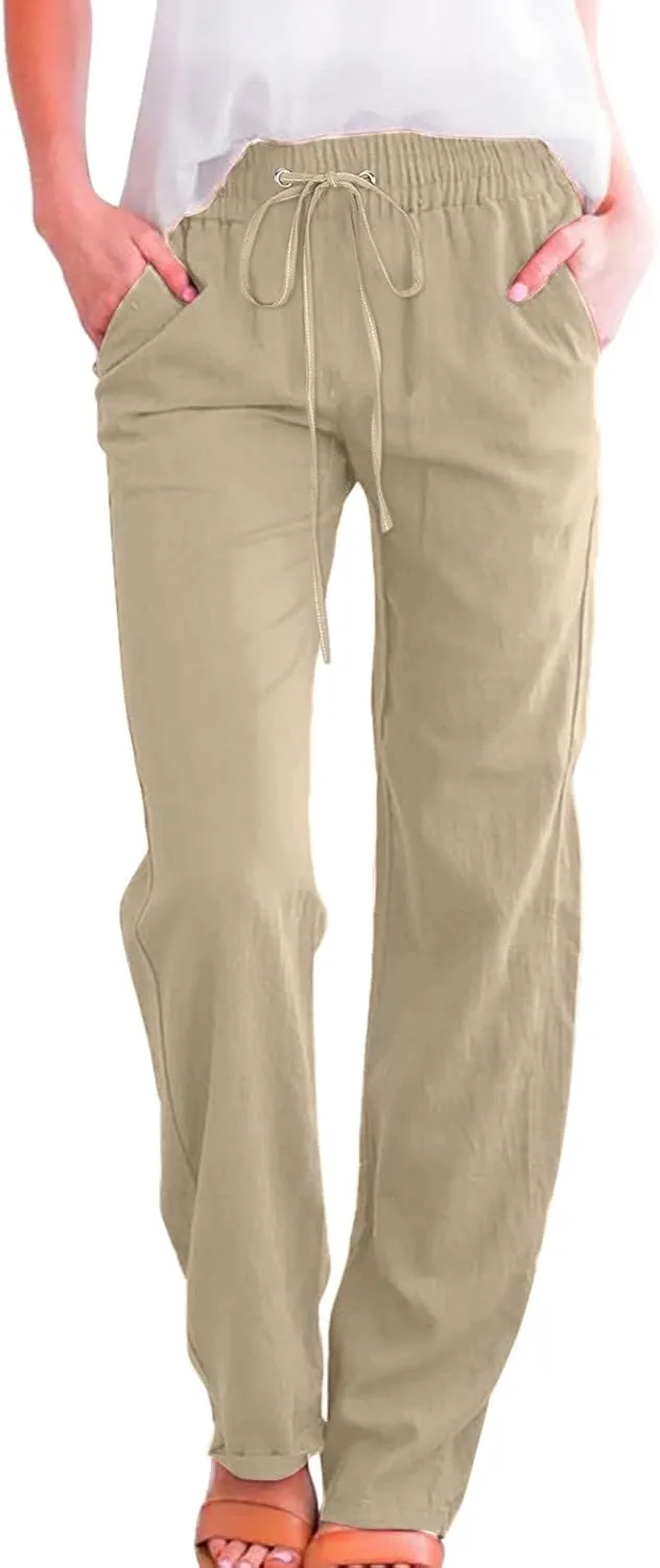 Women's Linen Blend Summer Comfy Palazzo Pants Low Waist Long Lounge Plus Size Palazzo Lounge Pants Office