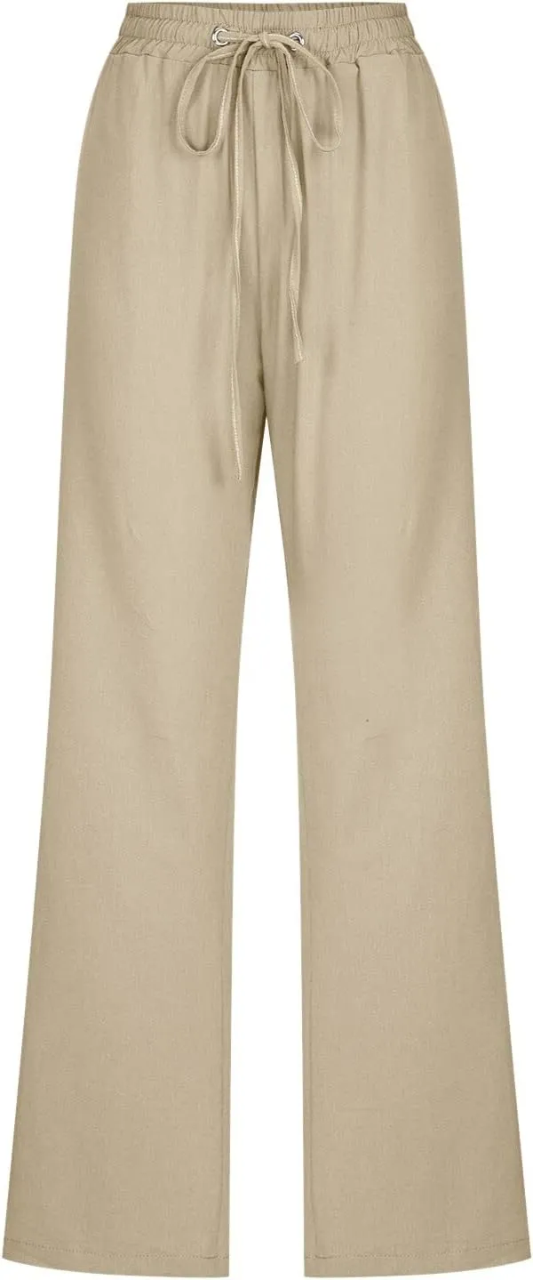 Women's Linen Blend Summer Comfy Palazzo Pants Low Waist Long Lounge Plus Size Palazzo Lounge Pants Office