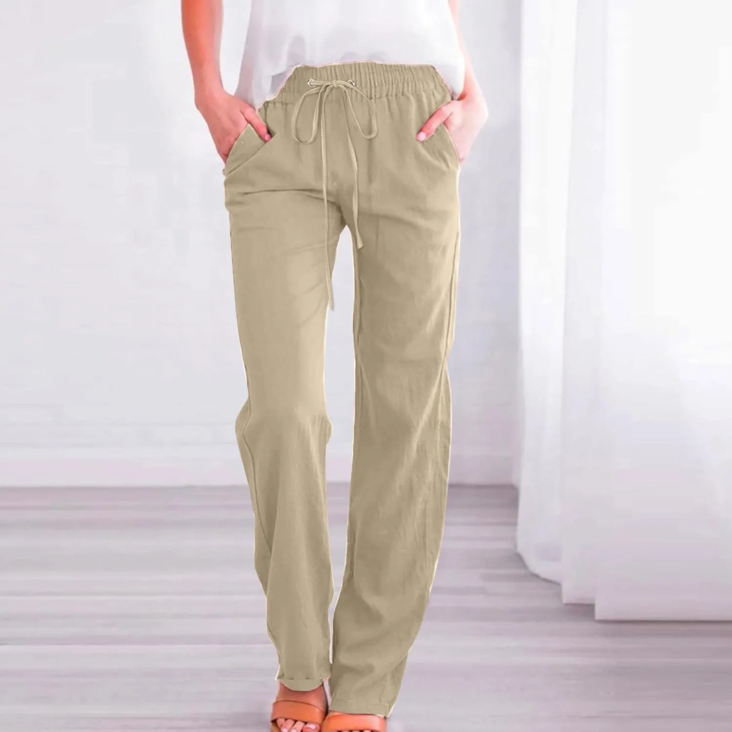 Women's Linen Blend Summer Comfy Palazzo Pants Low Waist Long Lounge Plus Size Palazzo Lounge Pants Office