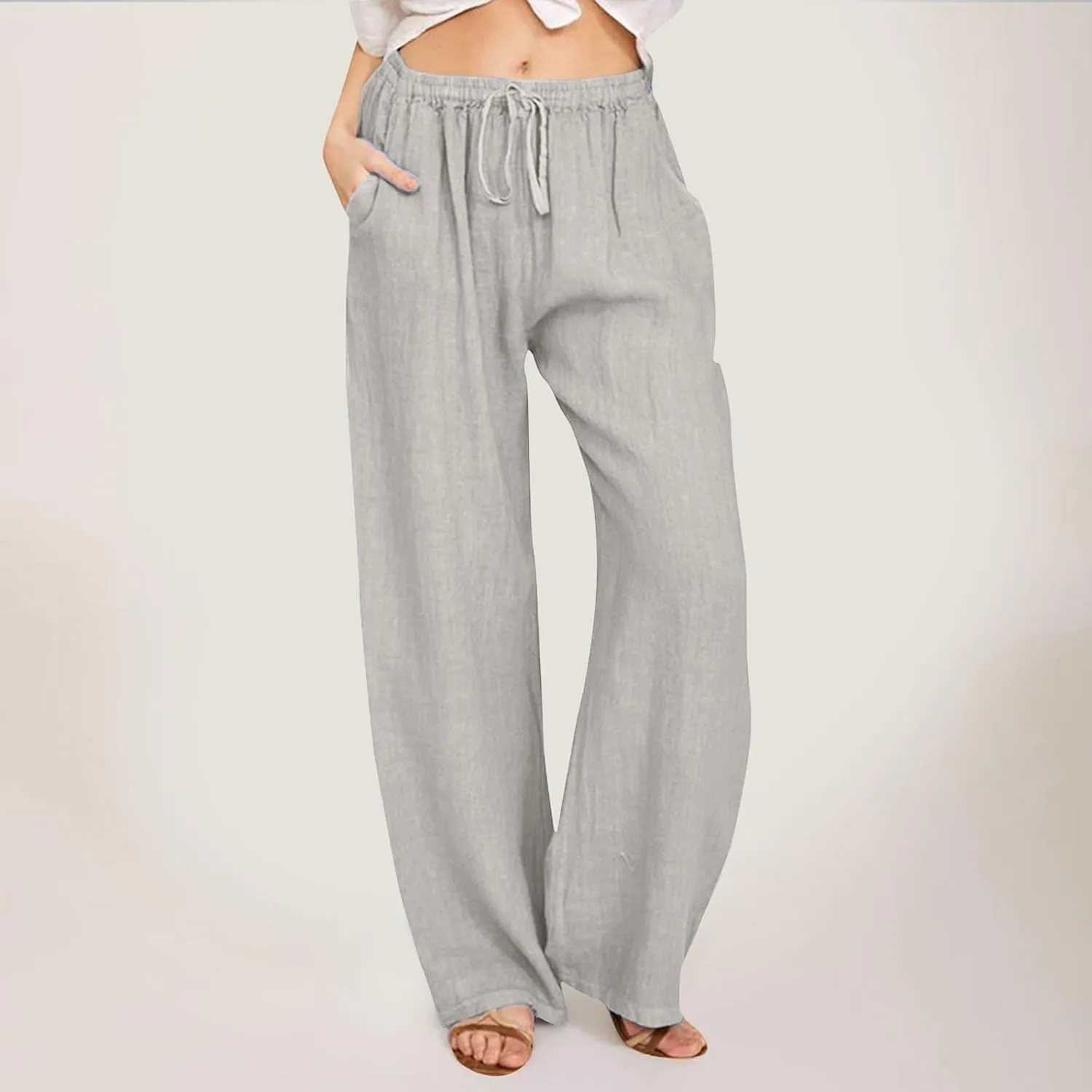 Womens Linen Blend Summer Fashion Pants High Waist Long Lounge Slim Fit Pants Beach
