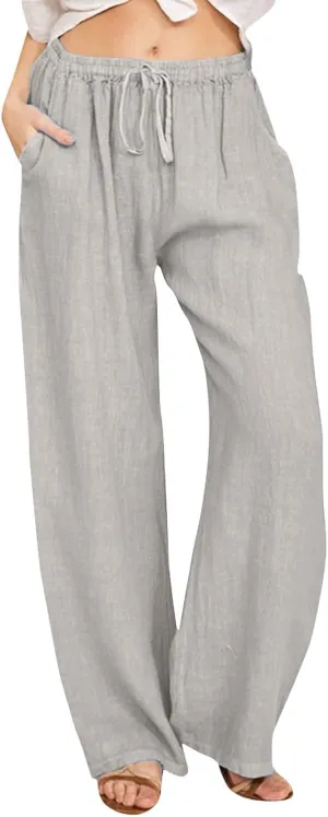 Womens Linen Blend Summer Fashion Pants High Waist Long Lounge Slim Fit Pants Beach