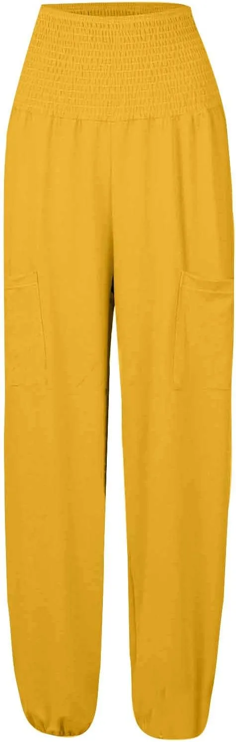 Womens Linen Blend Summer Floral Palazzo Pants High Waist Stretchy Straight Slim Fit Palazzo Lounge Pants Travel