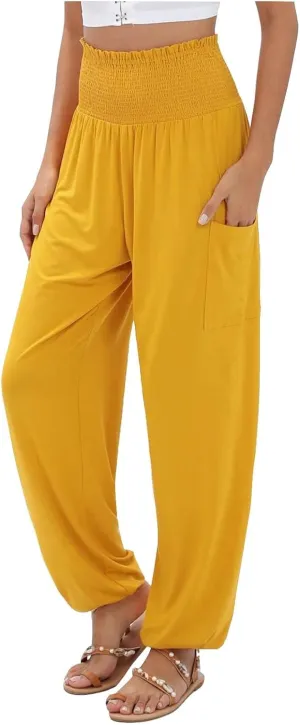 Womens Linen Blend Summer Floral Palazzo Pants High Waist Stretchy Straight Slim Fit Palazzo Lounge Pants Travel