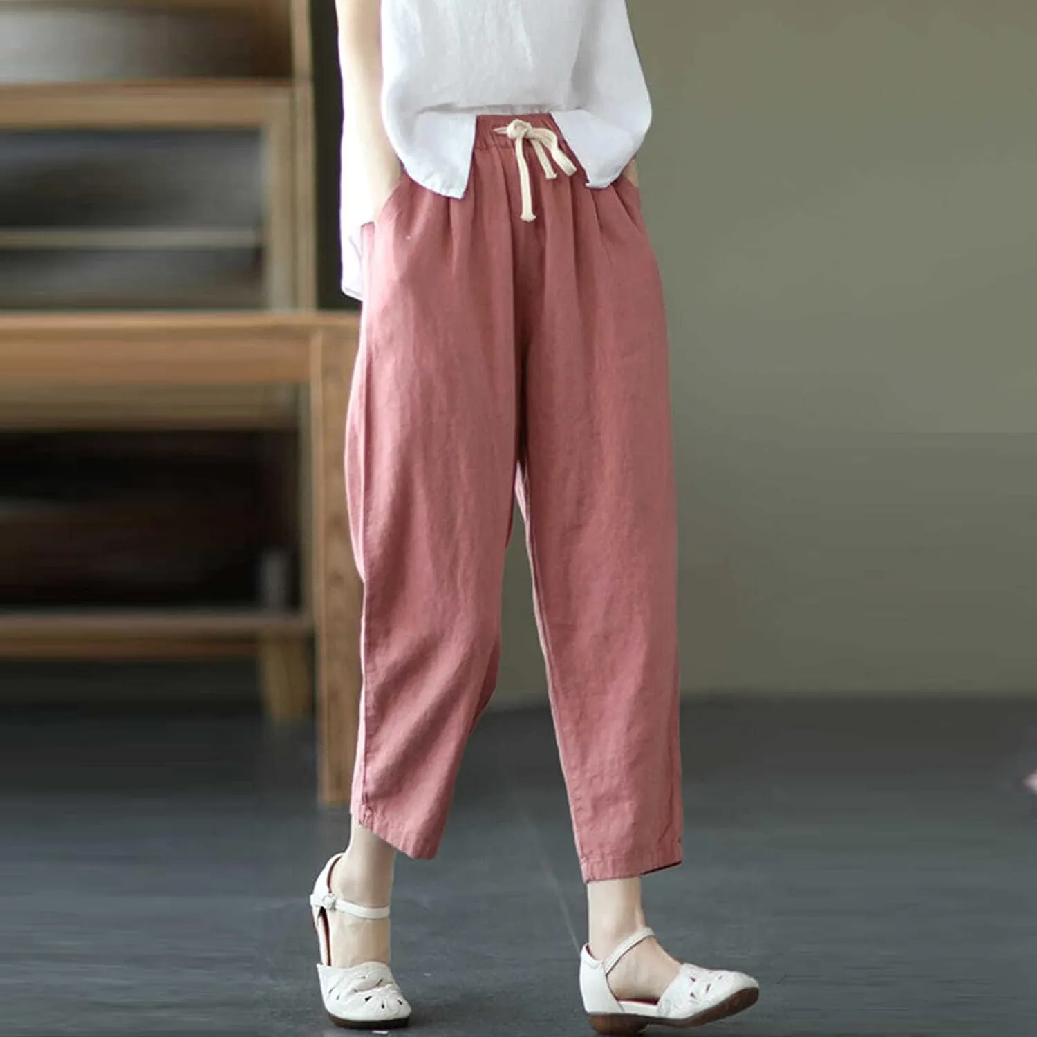 Womens Linen Palazzo Lounge Pants High Waist Straight Wide Leg Summer Causal Belt Trousers with Pockets Trendy 2024