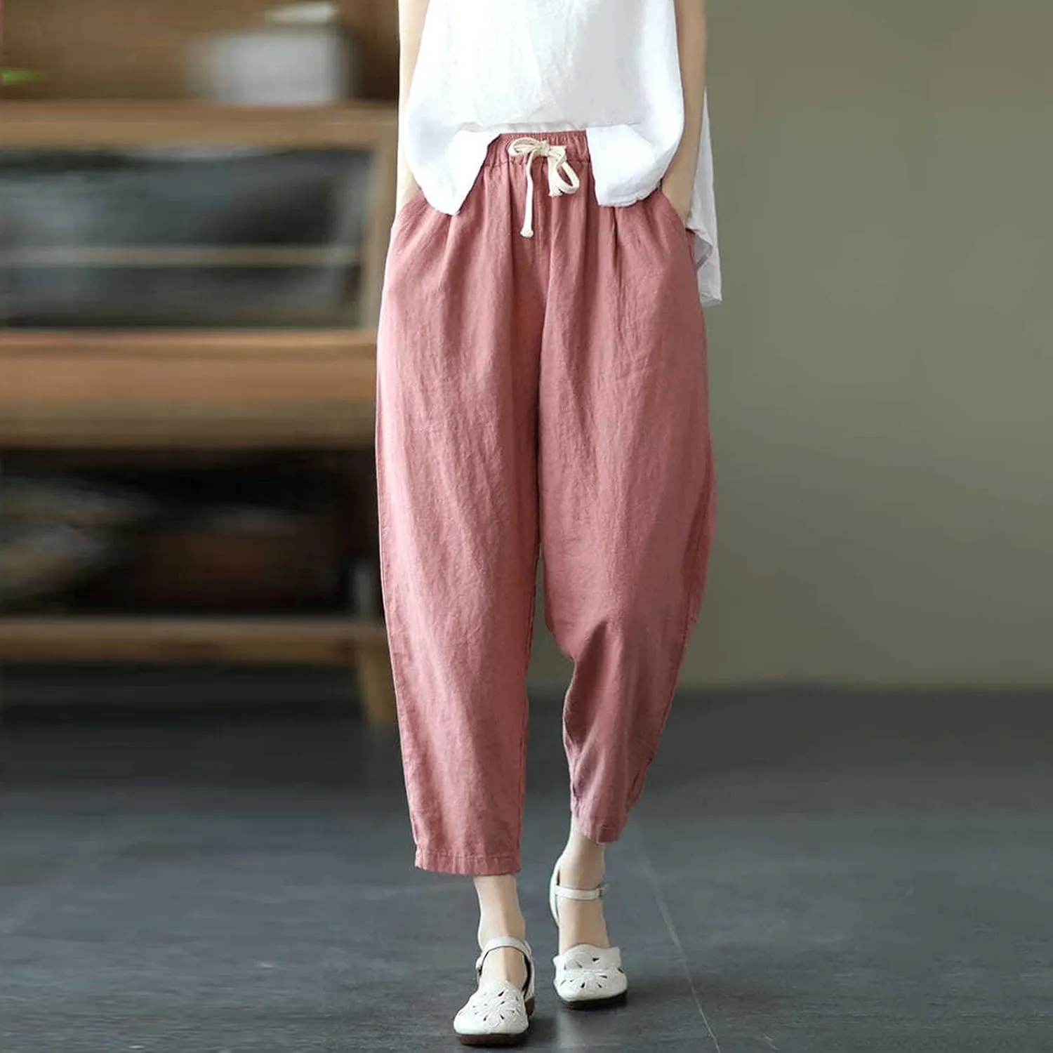 Womens Linen Palazzo Lounge Pants High Waist Straight Wide Leg Summer Causal Belt Trousers with Pockets Trendy 2024