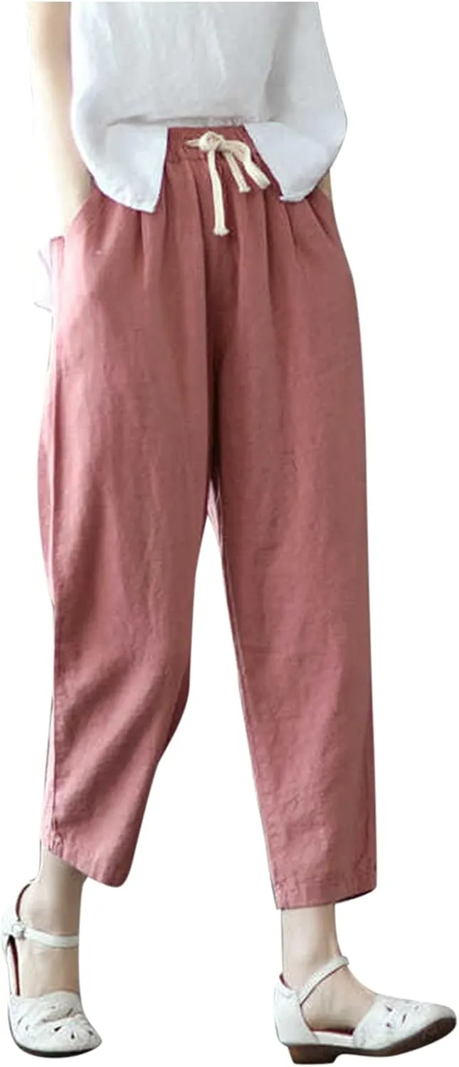 Womens Linen Palazzo Lounge Pants High Waist Straight Wide Leg Summer Causal Belt Trousers with Pockets Trendy 2024
