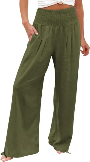 Womens Linen Palazzo Pants Casual Summer Wide Leg High Waist Slacks Plus Size Boho Beach Travel Trousers with Pockets
