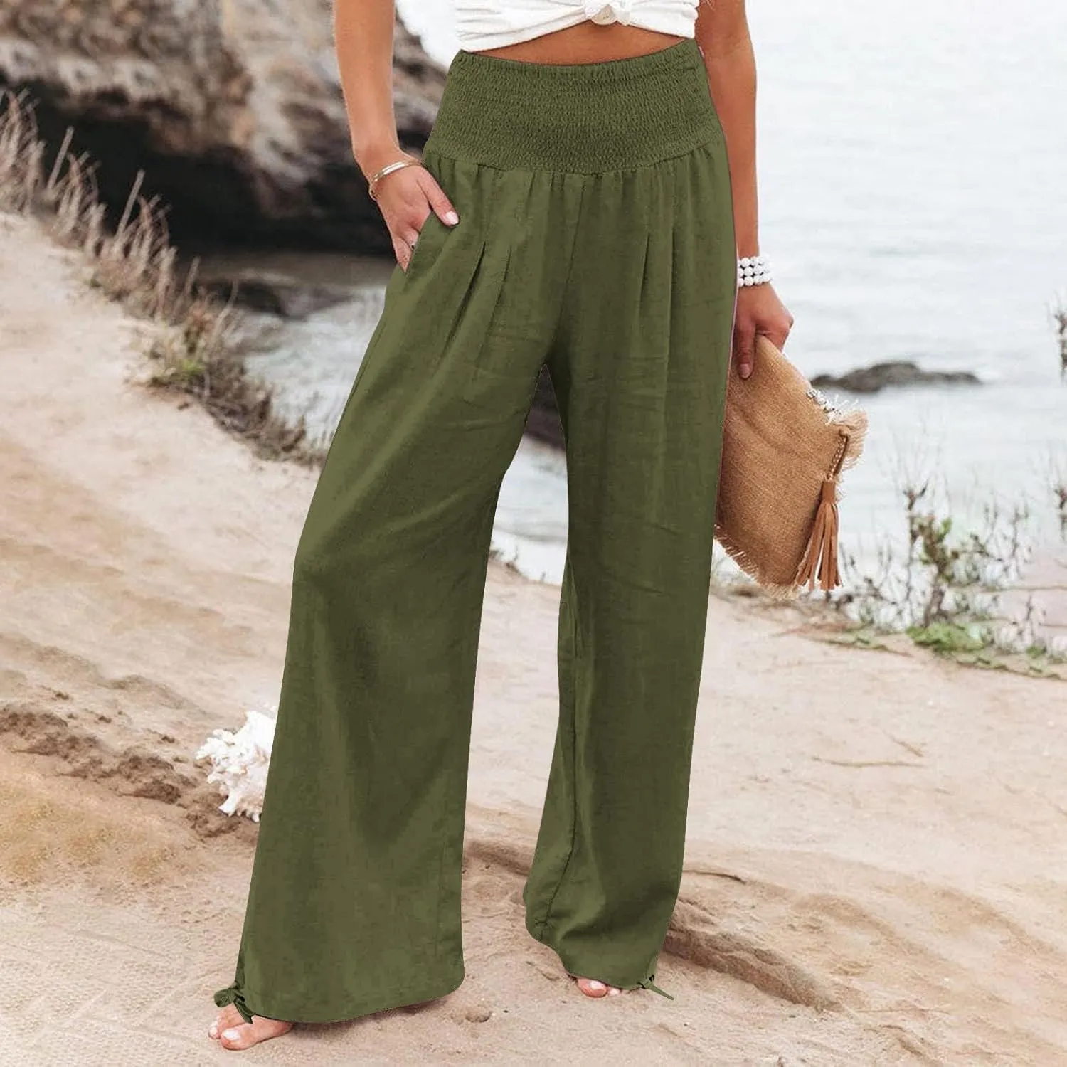Womens Linen Palazzo Pants Casual Summer Wide Leg High Waist Slacks Plus Size Boho Beach Travel Trousers with Pockets