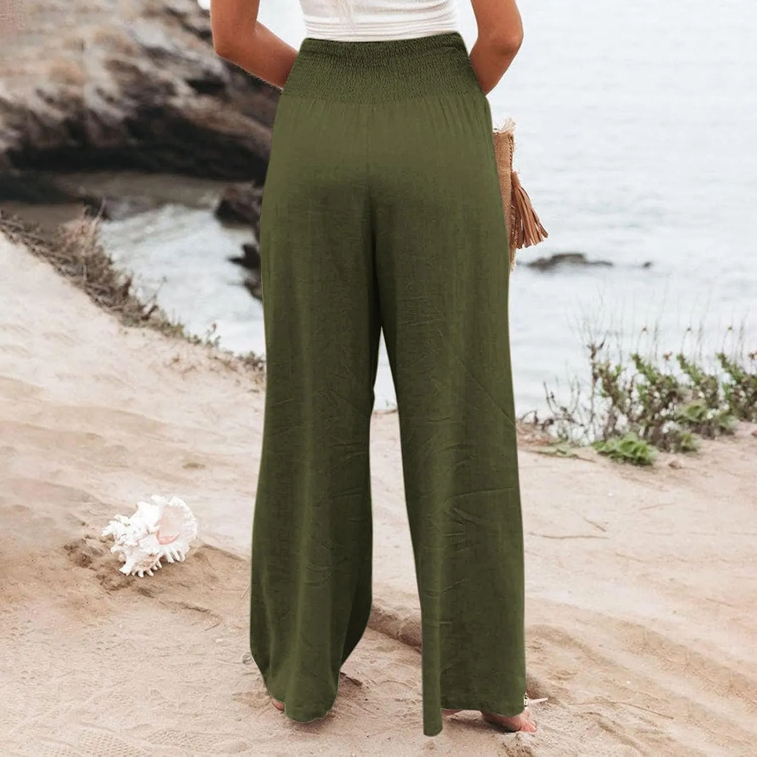 Womens Linen Palazzo Pants Casual Summer Wide Leg High Waist Slacks Plus Size Boho Beach Travel Trousers with Pockets