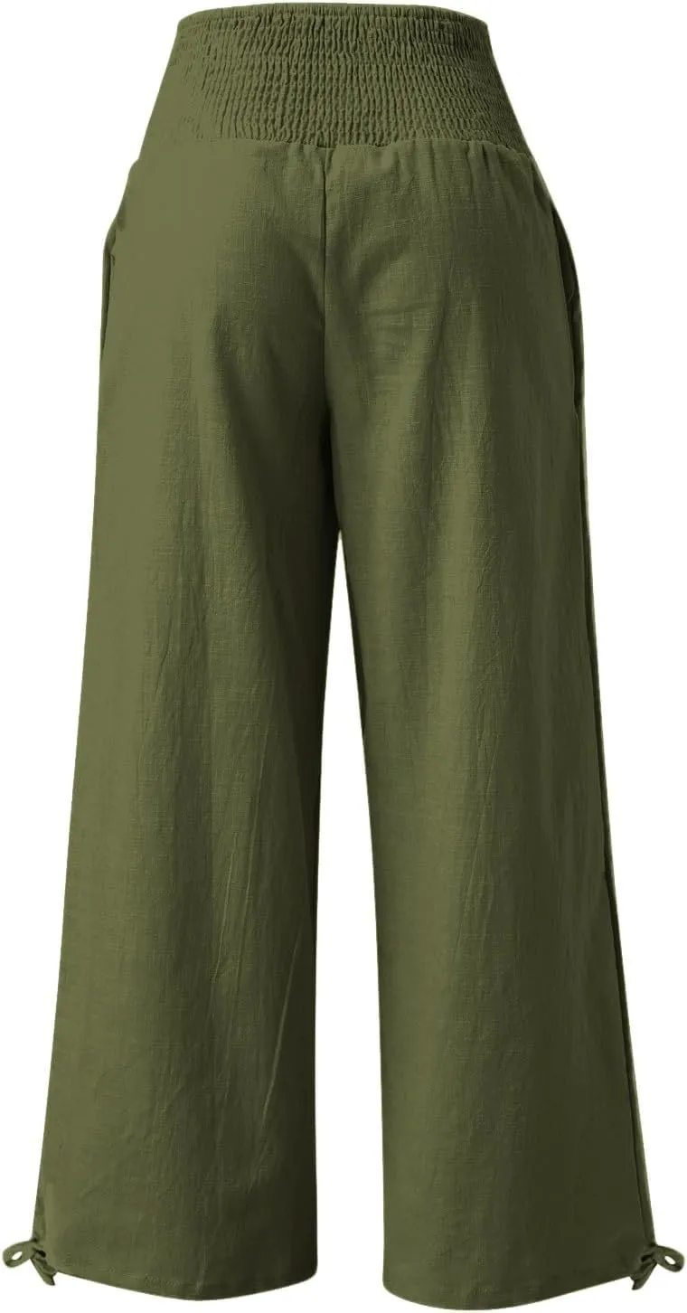 Womens Linen Palazzo Pants Casual Summer Wide Leg High Waist Slacks Plus Size Boho Beach Travel Trousers with Pockets