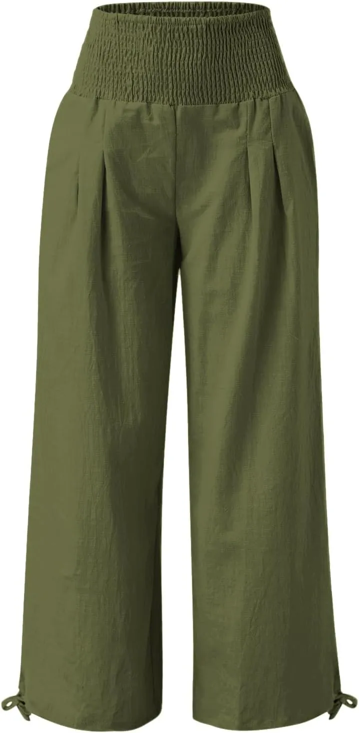 Womens Linen Palazzo Pants Casual Summer Wide Leg High Waist Slacks Plus Size Boho Beach Travel Trousers with Pockets