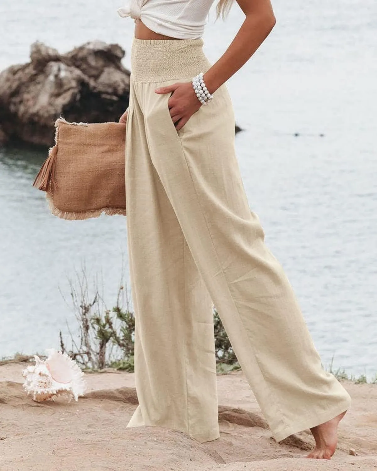 Women's Linen Palazzo Pants Summer High Waisted Boho Wide Leg Long Lounge Pant Trousers with Pocket