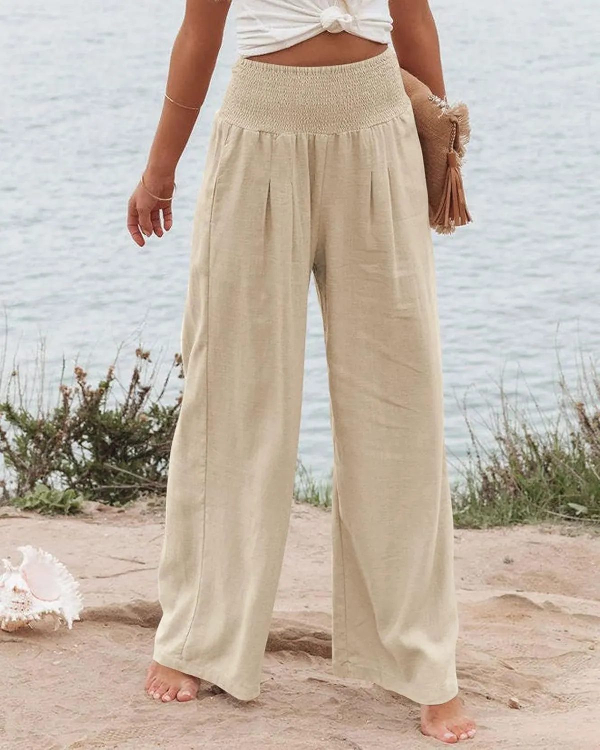 Women's Linen Palazzo Pants Summer High Waisted Boho Wide Leg Long Lounge Pant Trousers with Pocket