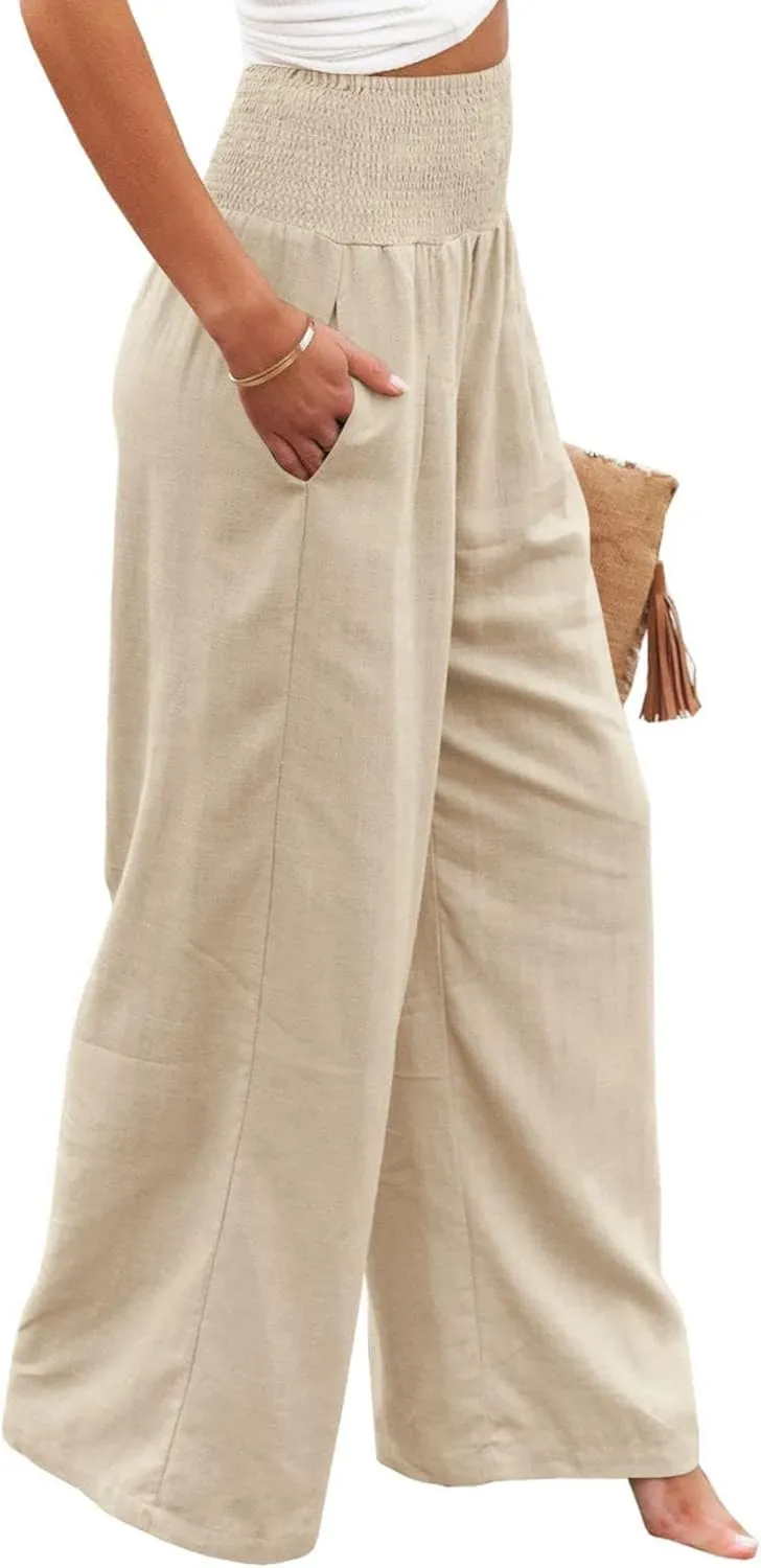 Women's Linen Palazzo Pants Summer High Waisted Boho Wide Leg Long Lounge Pant Trousers with Pocket
