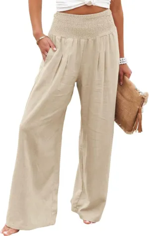Women's Linen Palazzo Pants Summer High Waisted Boho Wide Leg Long Lounge Pant Trousers with Pocket