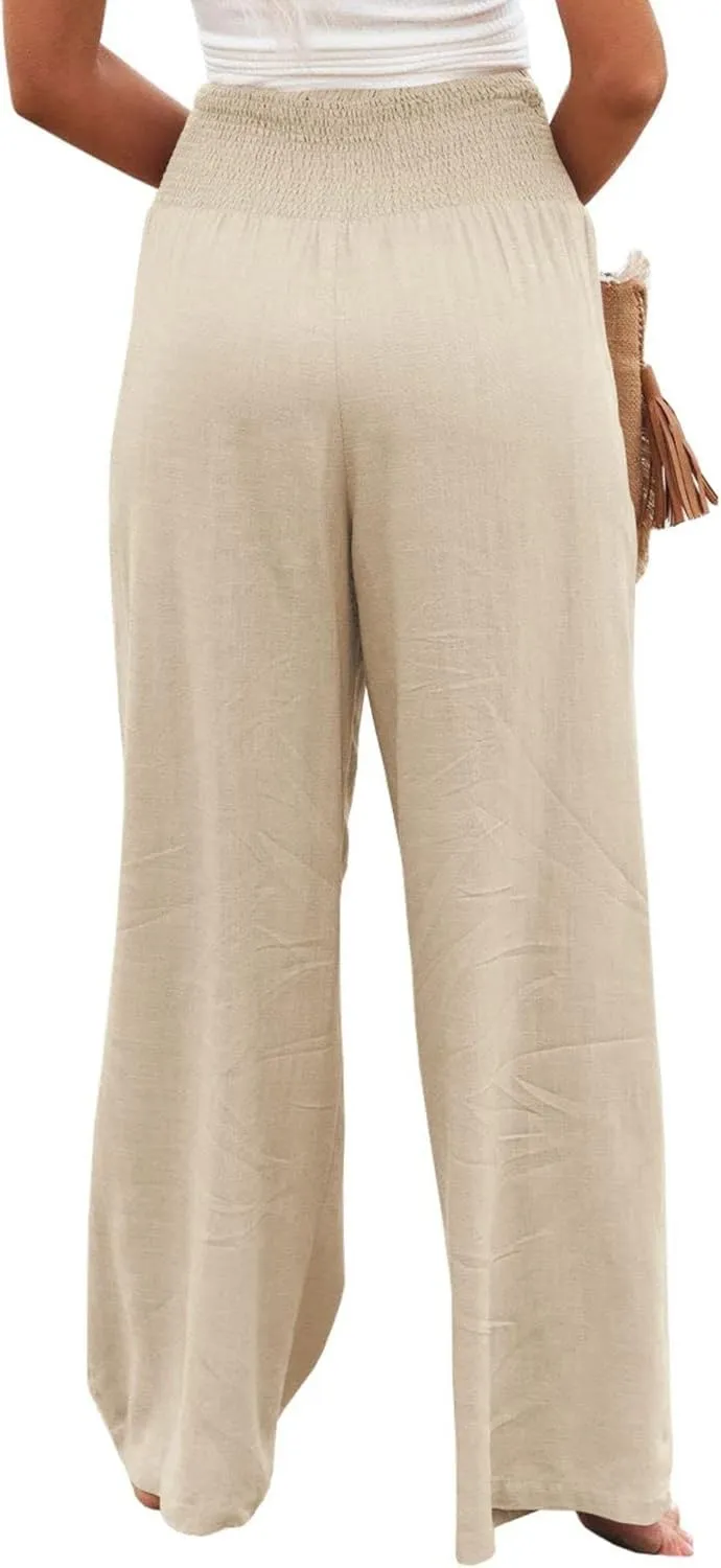 Women's Linen Palazzo Pants Summer High Waisted Boho Wide Leg Long Lounge Pant Trousers with Pocket