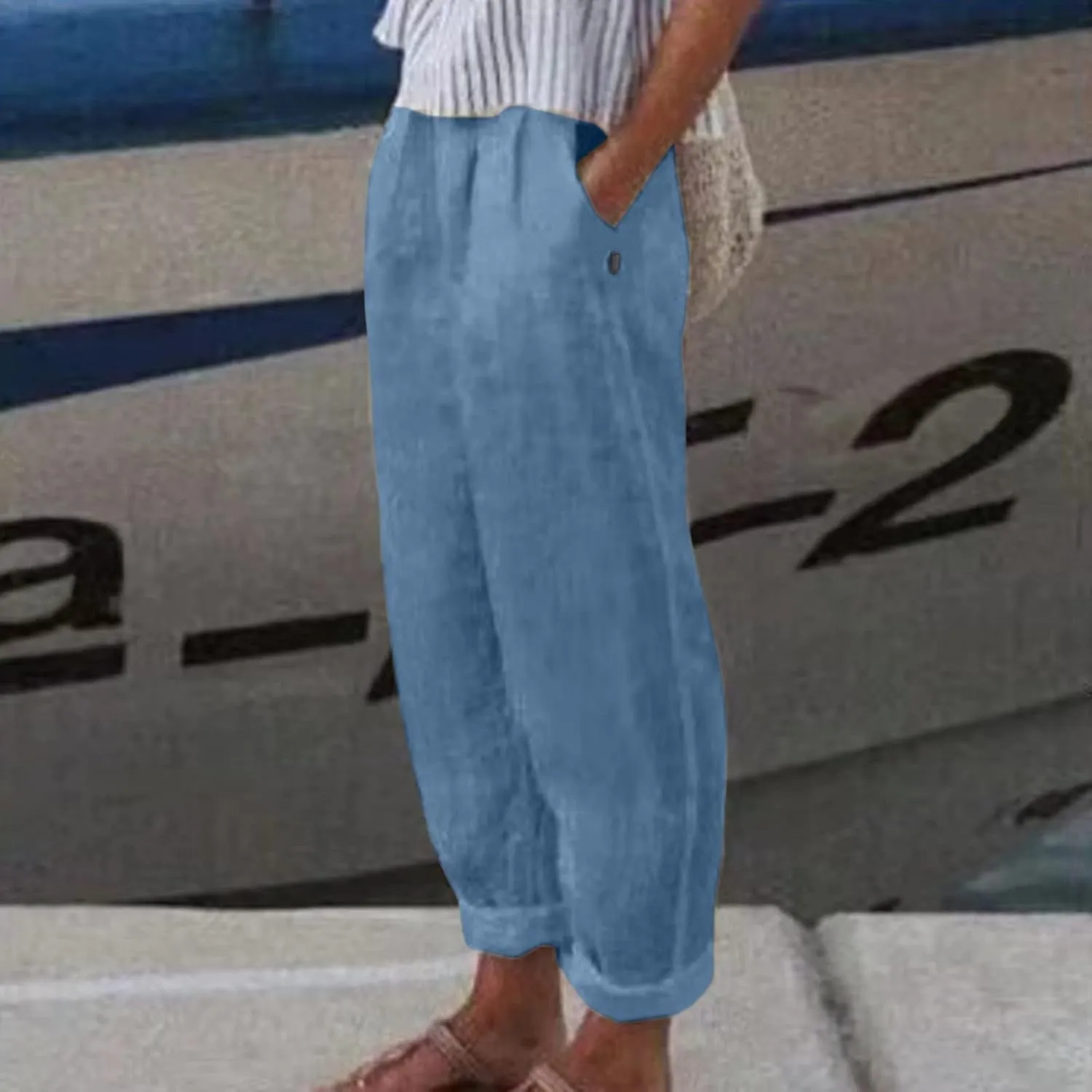 Womens Linen Pants Lightweight Straight Leg Pants Casual Elastic Waist Sweatpants Summer Beach Trousers with Pockets