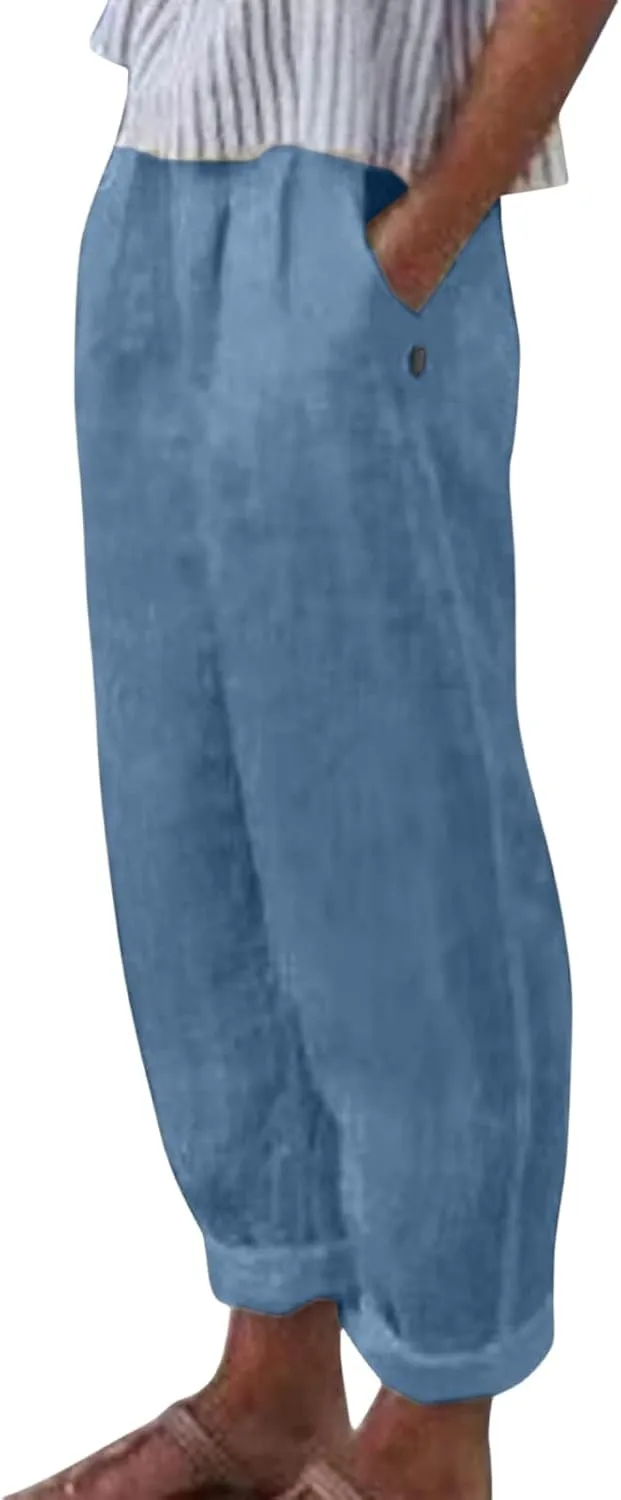 Womens Linen Pants Lightweight Straight Leg Pants Casual Elastic Waist Sweatpants Summer Beach Trousers with Pockets