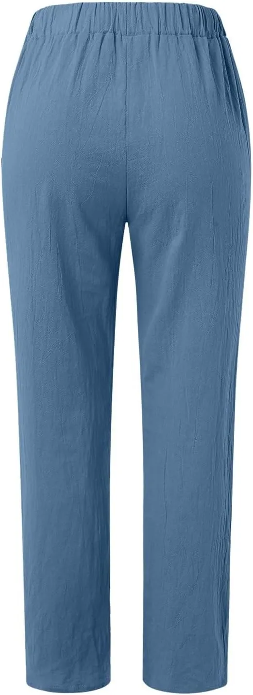 Womens Linen Pants Lightweight Straight Leg Pants Casual Elastic Waist Sweatpants Summer Beach Trousers with Pockets
